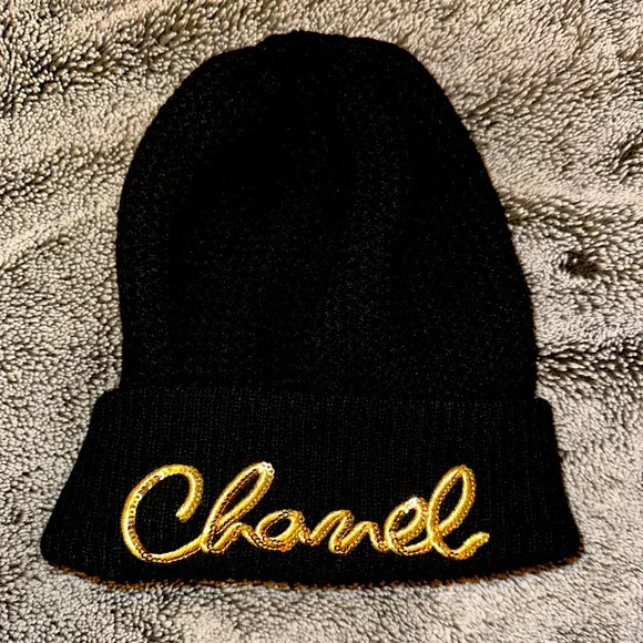 CHANEL | Accessories | Nwt Chanel Black Beanie Hat With Gold  display picture 1
